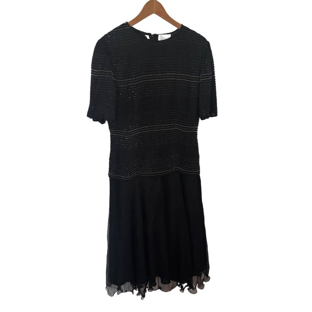 Vintage Miss Morgan Black Silk Beaded Sequin Cocktail Dress Short Sleeve Medium